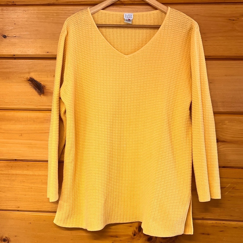 Eileen Fisher V Neck Long Sleeve Cotton Textured Women’s Pullover Sweater Large